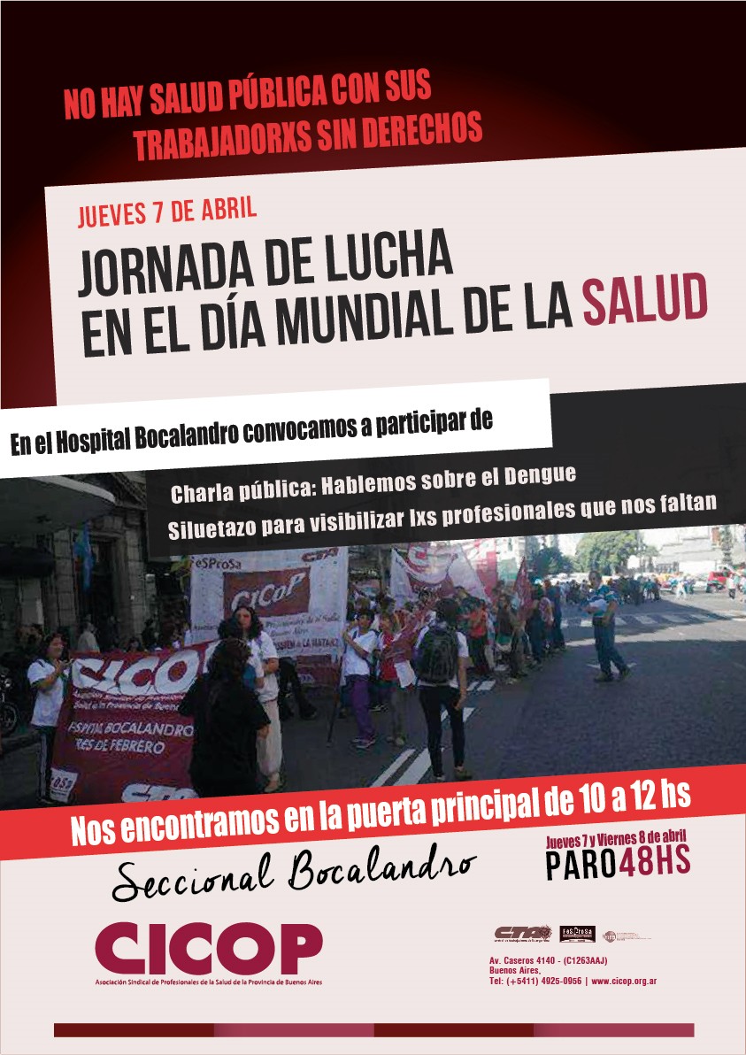 Jueves 7 de abril, Jornada de lucha en el Día Mundial de la Salud y Abrazo al Evita