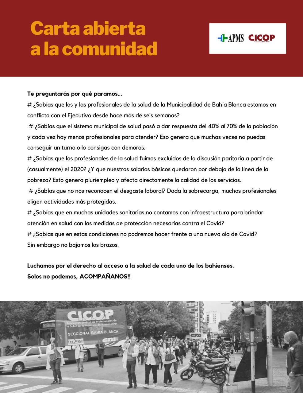 APMS CICOP Bahía Blanca profundiza las medidas de lucha ante la falta de respuestas