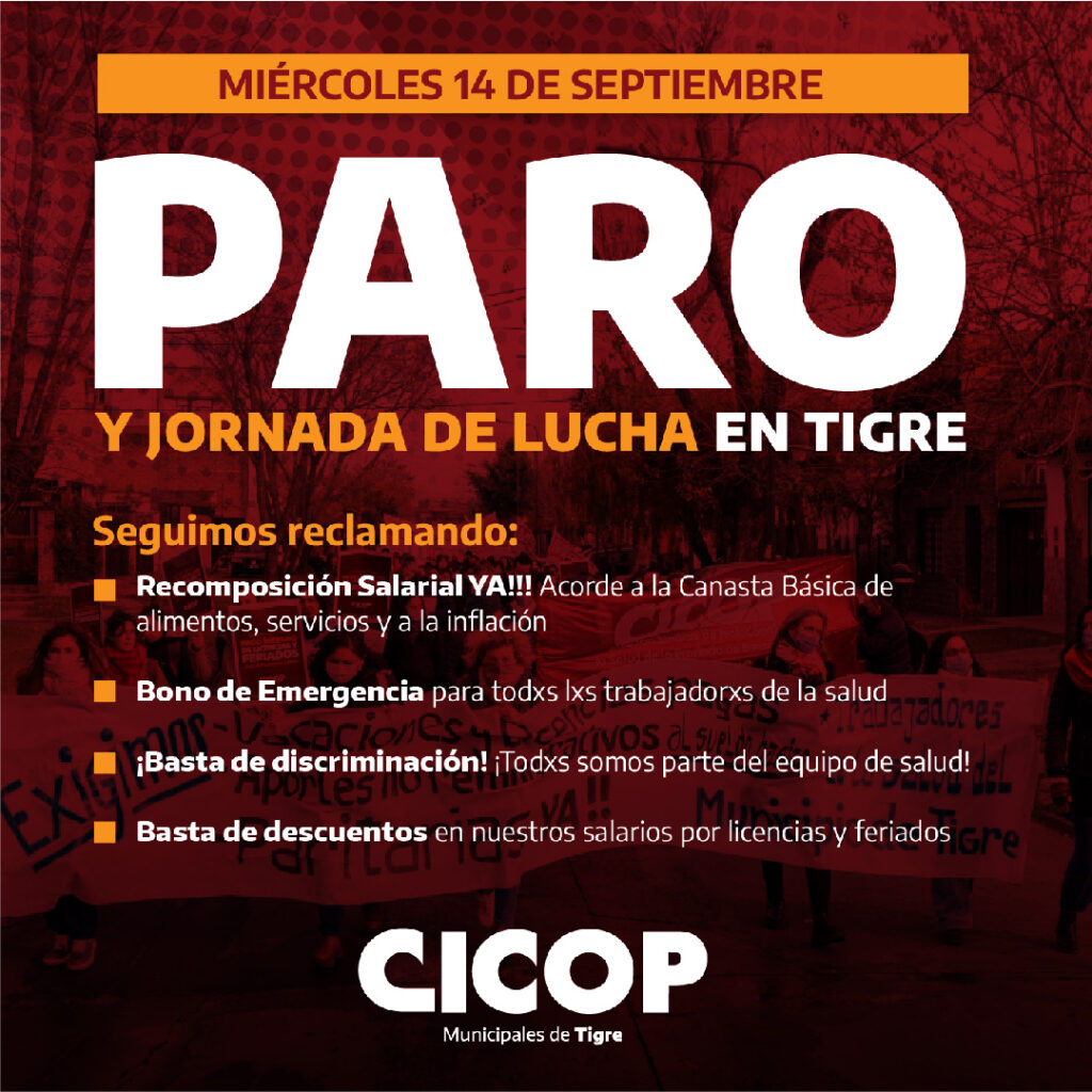 CICOP Tigre realizará un paro de 24 horas con Jornada de Lucha este miércoles 14/09